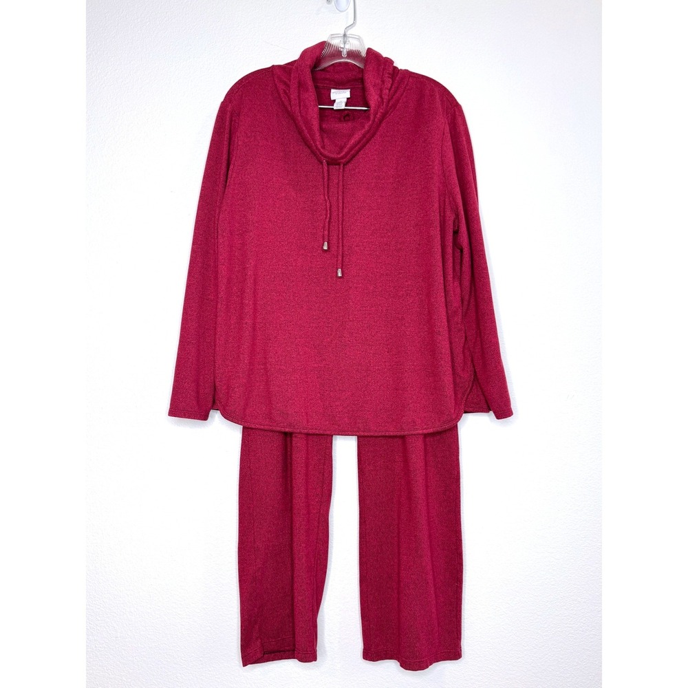 WEEKENDS by CHICOS Loungewear XL (3) Set Cowl Neck Top & Pull-On Pants Red Relax